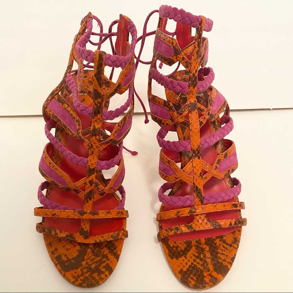 Brian Atwood Bfelisa Orange/Pink Snake Print Ankle Strap Sandal